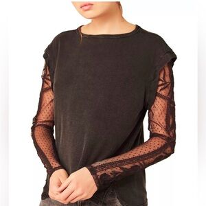 Free People Billie Jean Twofer Tee Black with Lace Sleeve Size M